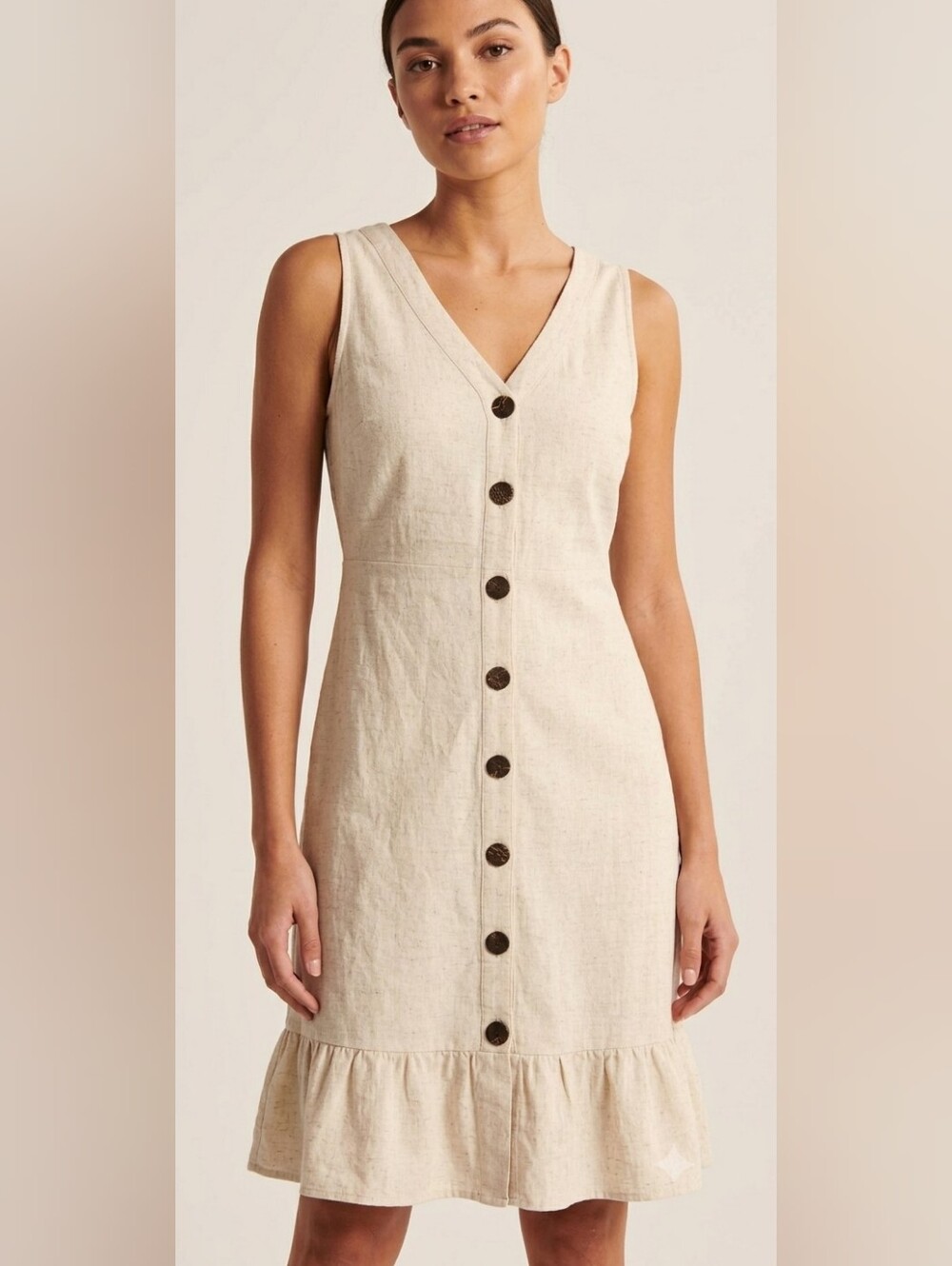 Monteau Sleeveless Linen Button-Front Dress in Cream with Brown Buttons